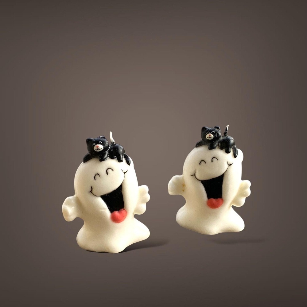 Vintage Halloween Candles Happy Ghosts with Black Cats NOT Burned
